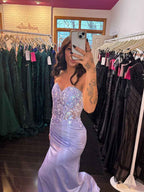 Lilac Strapless Floral Lace Corset Prom Dress With High Slit