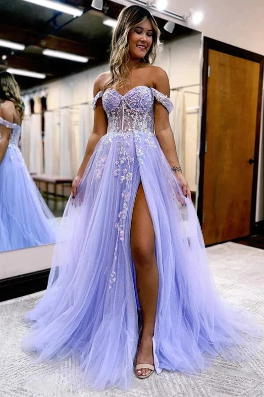 Vestidos de fiesta largos de tul con hombros descubiertos y apliques de encaje.
