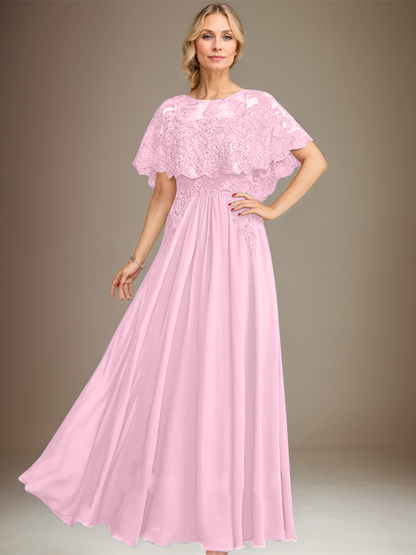 Vestido de madre de la novia de gasa con encaje, escote barco, largo hasta el suelo, con apliques de lentejuelas 