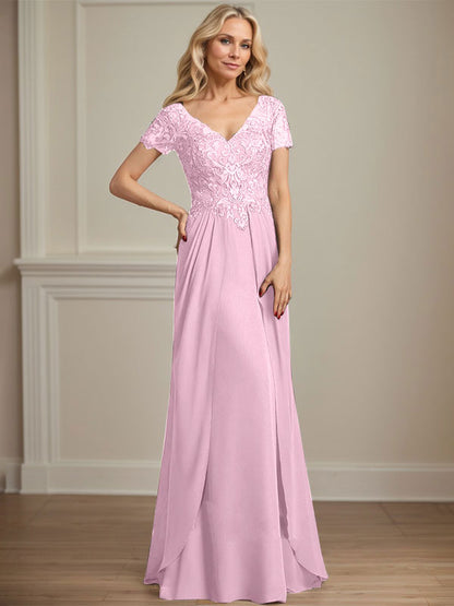 A-Linie V-Ausschnitt Bodenlanges Chiffon-Spitzenkleid für die Brautmutter