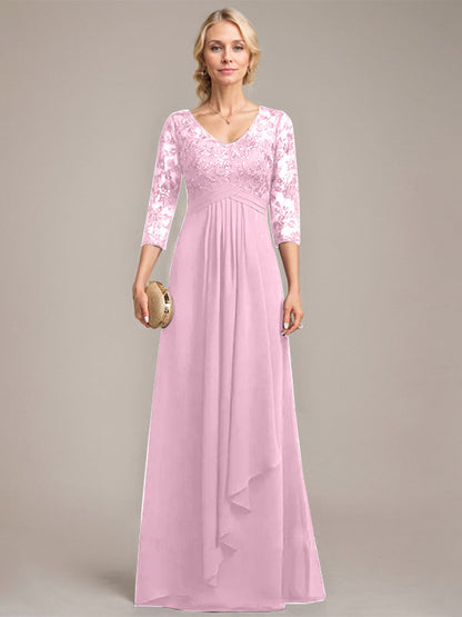 Vestido de madre de la novia de gasa con encaje, escote en V, largo hasta el suelo, con volantes en cascada y lentejuelas 