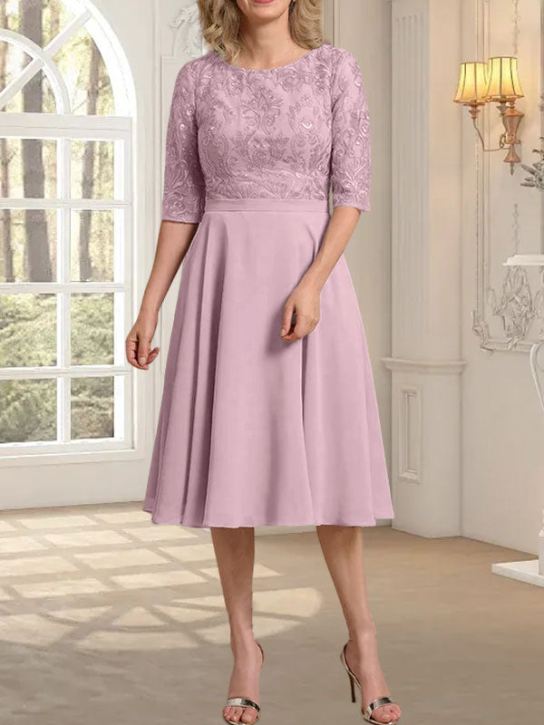 A-Linie U-Ausschnitt Knielang Chiffon Spitzenkleid für die Brautmutter