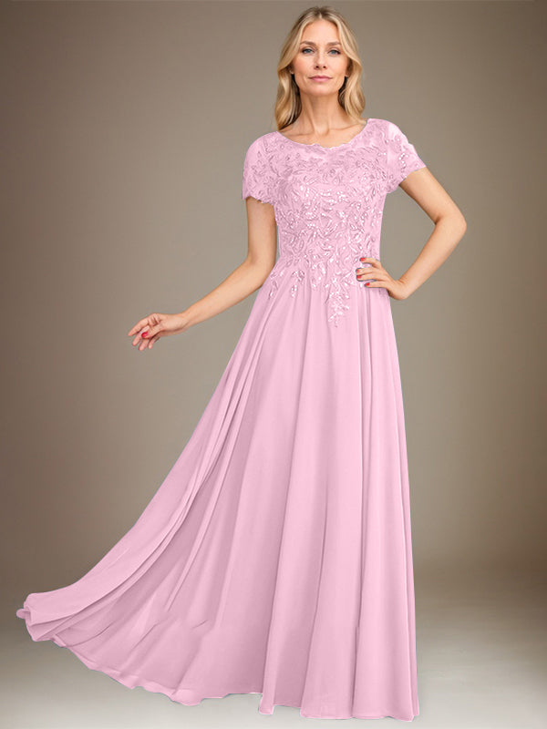 Robe de mère de la mariée en mousseline, longueur au sol, coupe en A, décolleté arrondi, ornée d'appliques et de paillettes