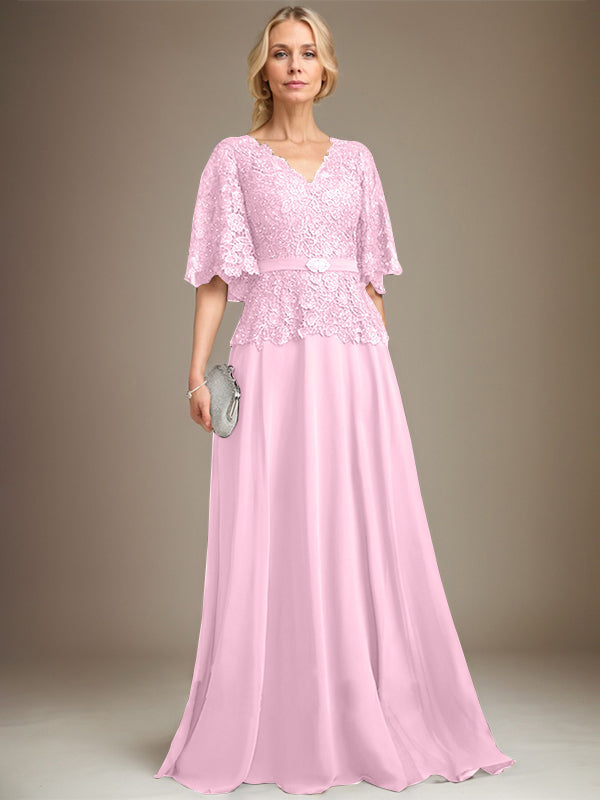 A-Linie V-Ausschnitt Bodenlang Chiffon Spitze Mutter der Braut Kleid Mit Kristall Brosche Strass 