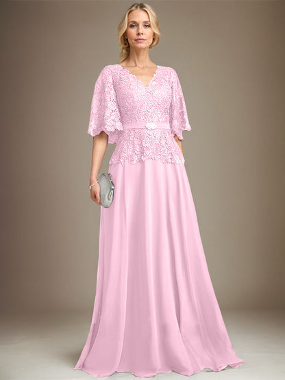 A-Linie V-Ausschnitt Bodenlang Chiffon Spitze Mutter der Braut Kleid Mit Kristall Brosche Strass 