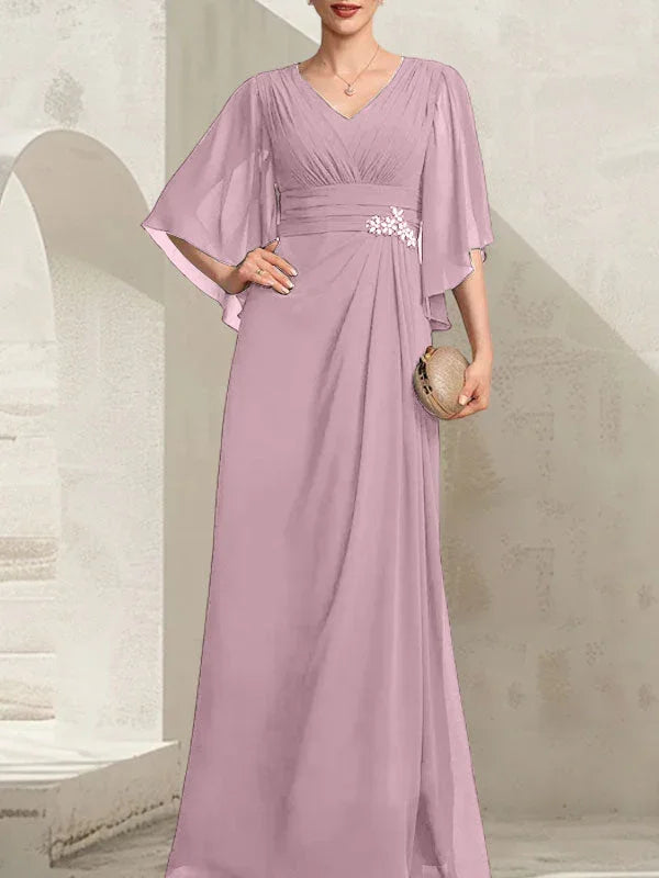 Robe mère de la mariée en mousseline, coupe fourreau/col en V, longueur au sol, ornée de perles plissées et de paillettes