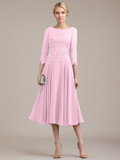 A-Linie U-Ausschnitt Wadenlang Chiffon-Kleid für die Brautmutter 