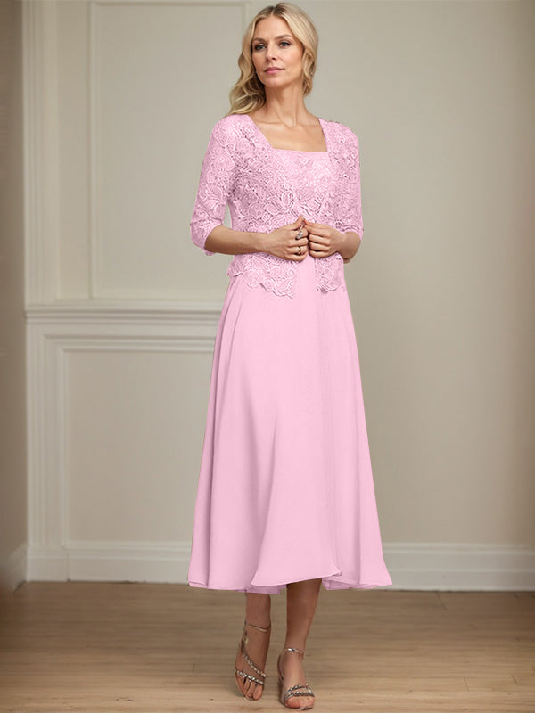 A-Linie Quadratisches Wadenlanges Chiffon-Spitzenkleid für die Brautmutter mit Pailletten und Perlen 