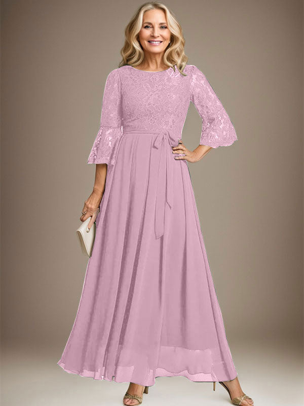 Robe de mère de la mariée en mousseline de soie à dentelle, longueur cheville, en forme trapèze avec encolure dégagée et nœud