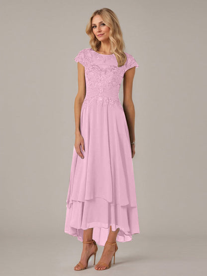 A-line Boat Neck Illusion Asymmetrical Chiffon Lace Mother of the Bride Dress With Applique Pleats