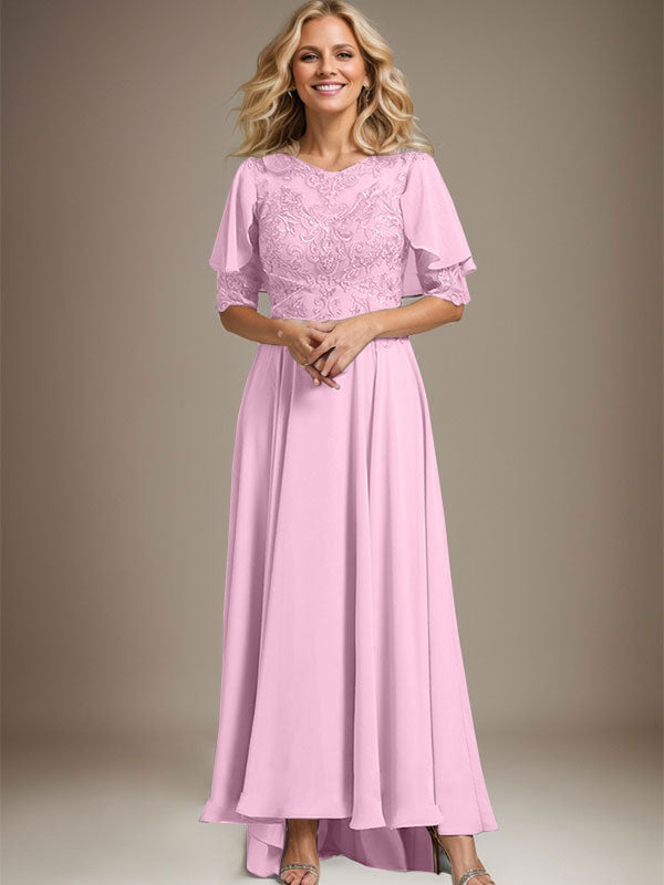 Robe de mère de la mariée en mousseline et dentelle asymétrique à encolure dégagée en ligne A avec perles