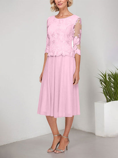 A-Linie U-Ausschnitt Wadenlang Spitzen Chiffon Mutter der Braut Kleid mit Stickerei 