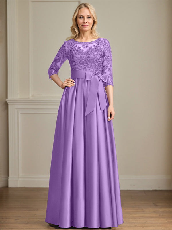A-Linie, U-Ausschnitt, Illusion, bodenlanges Satin-Spitzenkleid für die Brautmutter mit Paillettenschleife 