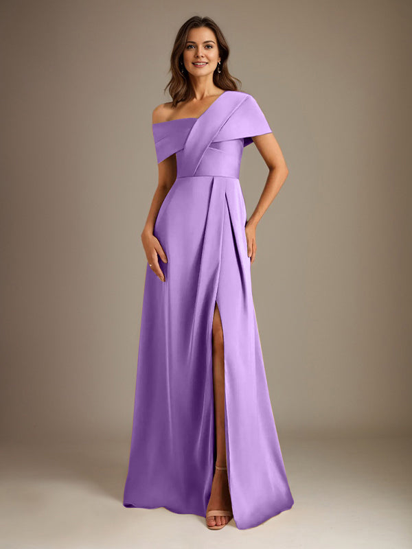 Robe de mère de la mariée en satin, longueur au sol, encolure asymétrique en ligne A avec plis