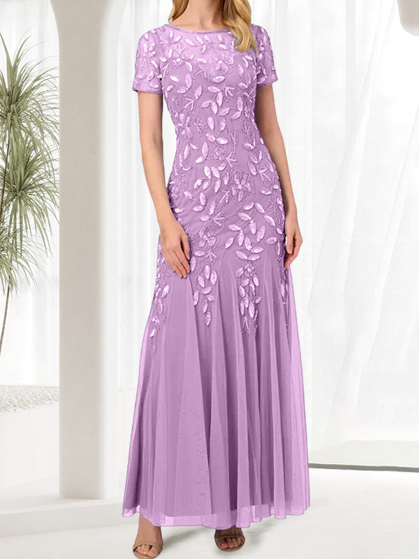 Vestido largo de sirena azul con cuello redondo para madre de la novia con cuentas