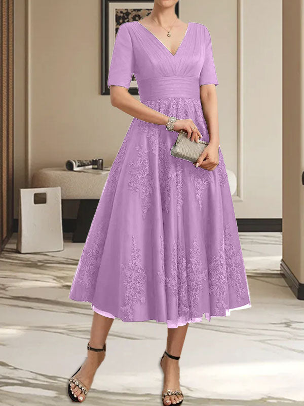 A-Linie V-Ausschnitt Wadenlanges Tüll-Spitzenkleid für die Brautmutter mit Plissee