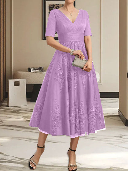 A-Linie V-Ausschnitt Wadenlanges Tüll-Spitzenkleid für die Brautmutter mit Plissee