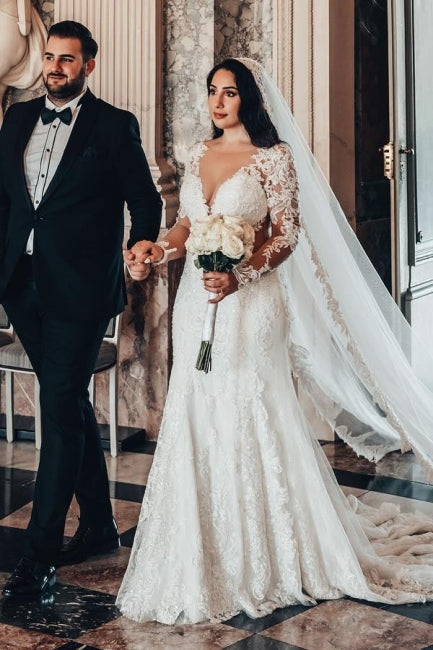 Vestidos de Noiva em Cetim com Renda, Decote em V, Manga Comprida, Corte em A e Folhos