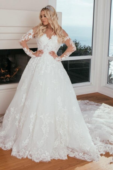 Langärmliges A-Linien-Brautkleid im Prinzessinnenstil mit Herzausschnitt und Spitze