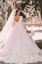 Lange Ärmel Spitze Rundhals Ballkleid Brautkleid