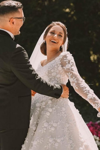 Lange Ärmel Spitze Rundhals Ballkleid Brautkleid