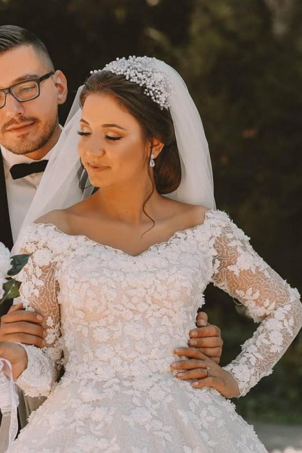 Lange Ärmel Spitze Rundhals Ballkleid Brautkleid