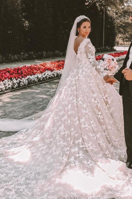 Lange Ärmel Spitze Rundhals Ballkleid Brautkleid