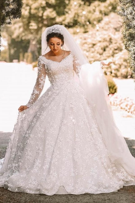 Lange Ärmel Spitze Rundhals Ballkleid Brautkleid