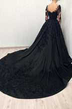 Abito da sera nero principessa con scollo a cuore e maniche lunghe