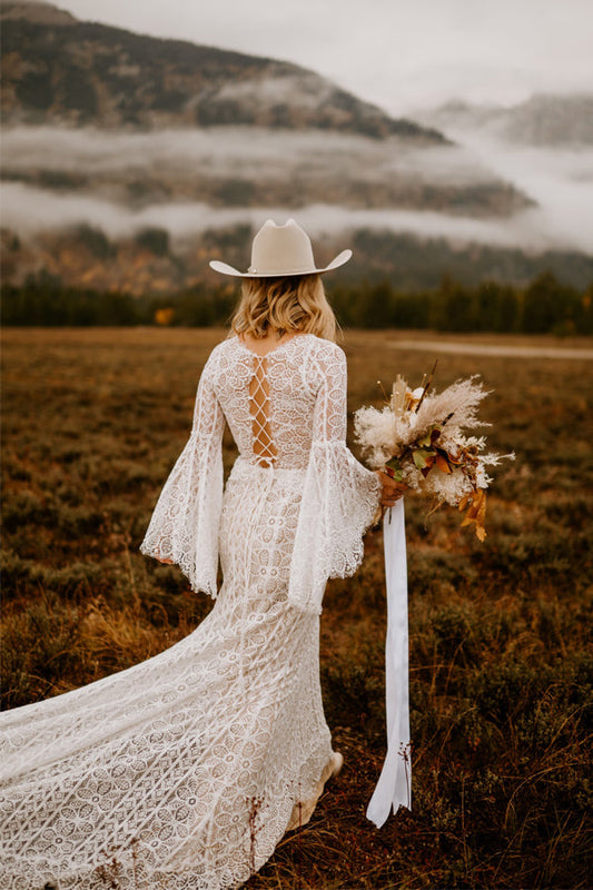 Vestidos de noiva de renda de manga comprida com amarração nas costas Vestido de noiva de praia WD547