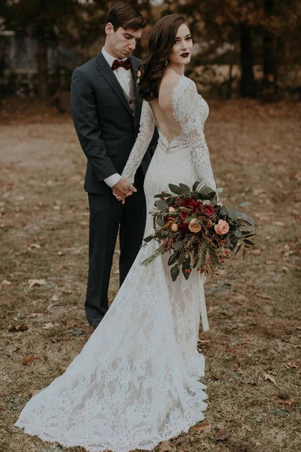 فستان زفاف قديم بأكمام طويلة بدون ظهر فستان عروس ريفي