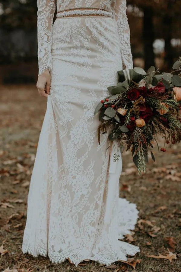 فستان زفاف قديم بأكمام طويلة بدون ظهر فستان عروس ريفي