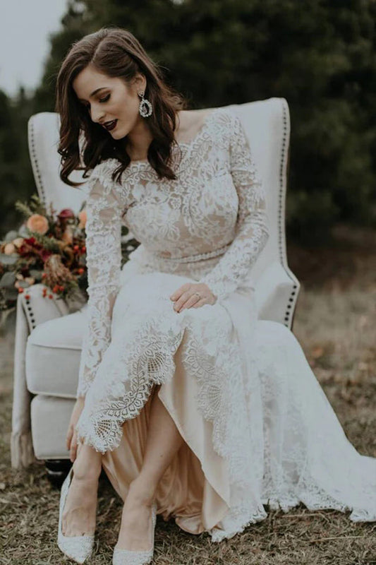 Langarm Vintage Brautkleid Rückenfreies Rustikales Brautkleid