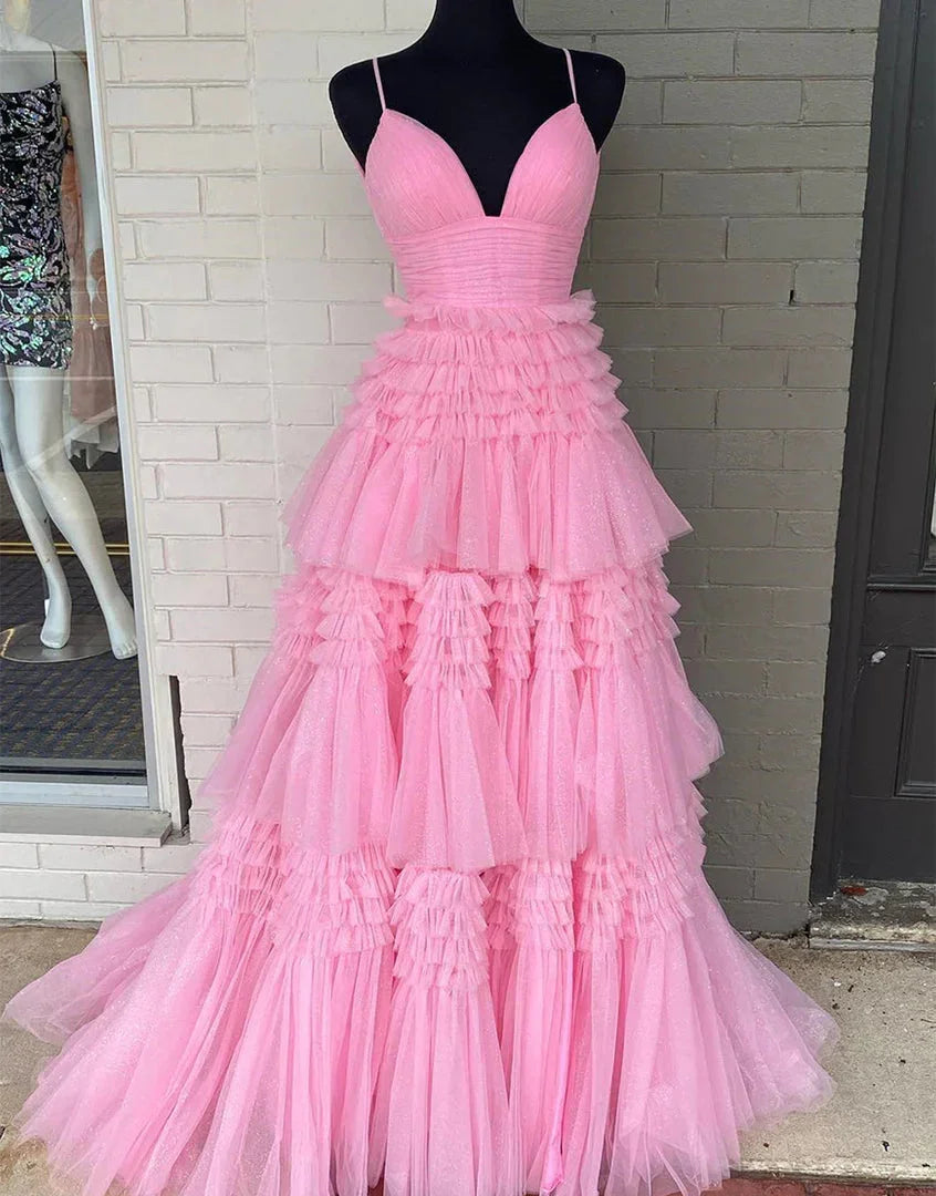 Vestido Formal de Tule com Camadas para Baile de Finalistas e Cauda Arrastada SYP156