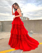 Abito formale in tulle a strati con strascico lungo SYP156