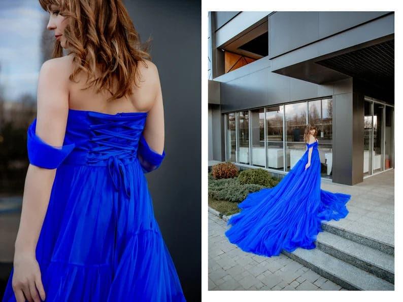 Abito lungo in tulle blu reale con strascico SYP16