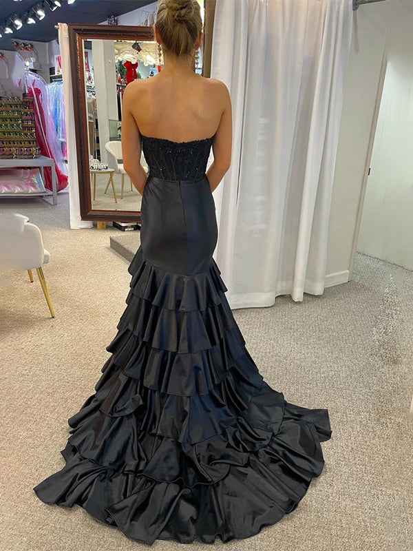 Pink Mermaid Strapless Satin Tiered Long Prom Dress With Sequins