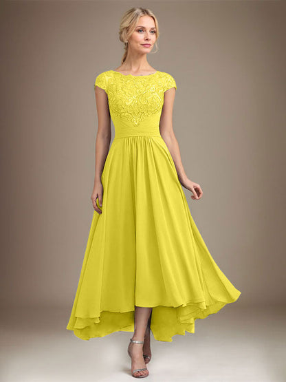 A-Linie U-Ausschnitt Illusion Asymmetrische Spitze Chiffon Mutter der Braut Kleid Mit Plissee 