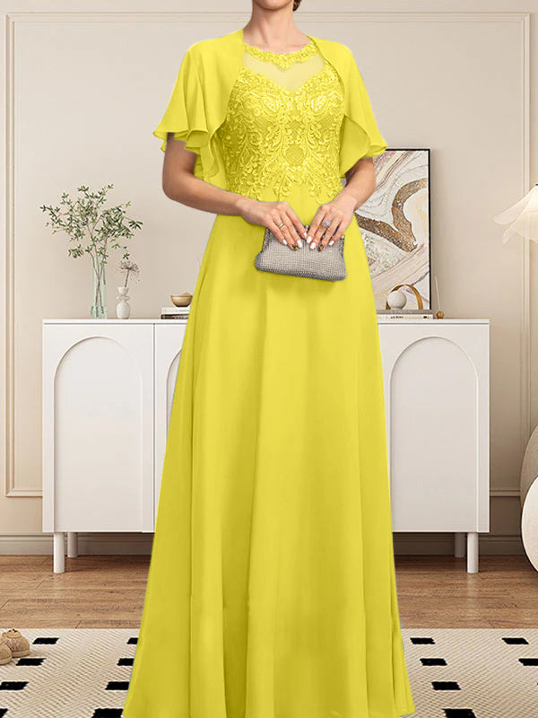 A-Linie, U-Ausschnitt, Illusion, bodenlanges Spitzen-Chiffon-Kleid für die Brautmutter mit Pailletten