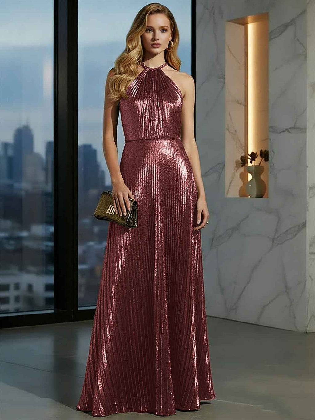 Gold Metallic Halter Pleated Long Prom Dress