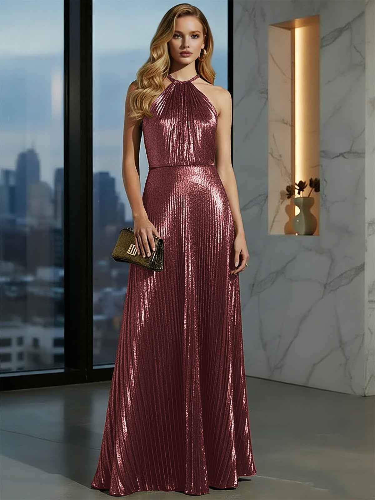 Gold Metallic Halter Pleated Long Prom Dress
