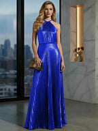 Gold Metallic Halter Pleated Long Prom Dress