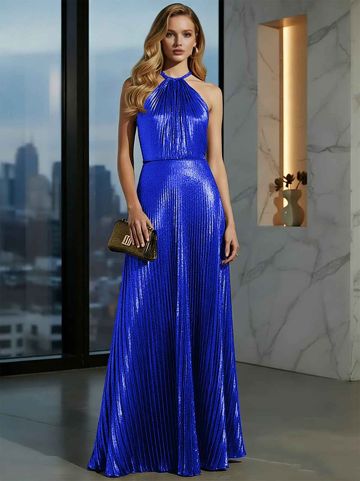 Gold Metallic Halter Pleated Long Prom Dress