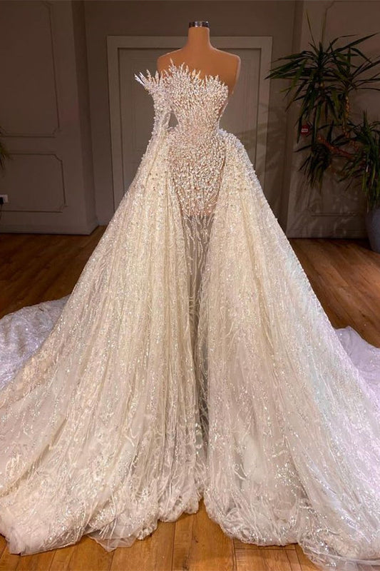 Luxuriöses langes weißes A-Linien-Brautkleid mit Perlenbesatz und einer Schulter