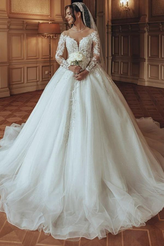 Luxuriöses langes weißes A-Linien-Brautkleid aus Tüllspitze mit U-Ausschnitt und Ärmeln