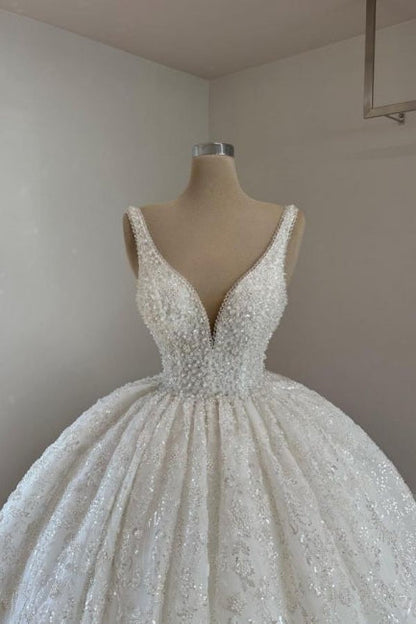 Luxuriöses Prinzessinnen-Brautkleid in A-Linie mit V-Ausschnitt, Spitze, Perlenbesatz und Glitzer
