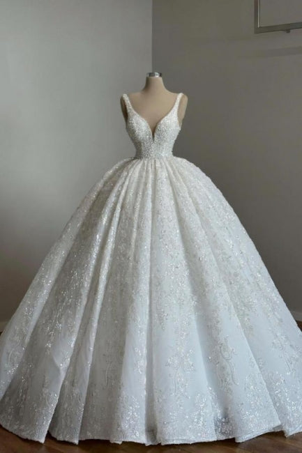 Luxuriöses Prinzessinnen-Brautkleid in A-Linie mit V-Ausschnitt, Spitze, Perlenbesatz und Glitzer