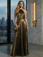 Gold Metallic Halter Pleated Long Prom Dress
