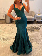 Emerald Green Beaded Corset Mermaid Prom Dress With Deep V Neck