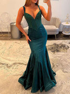 Emerald Green Beaded Corset Mermaid Prom Dress With Deep V Neck